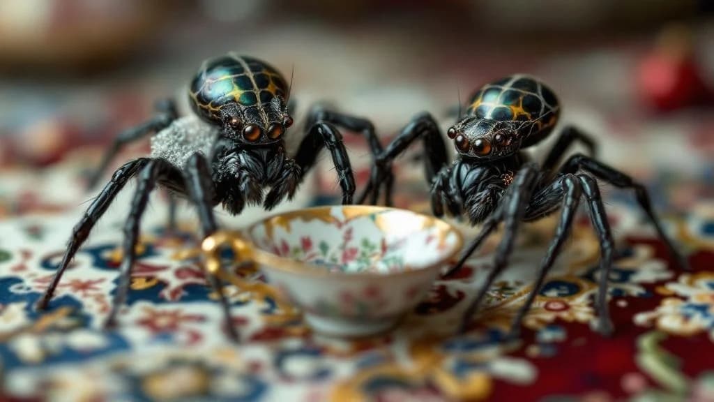 Macro photograph of two spiders at a Victorian tea-set on a Persian rug.