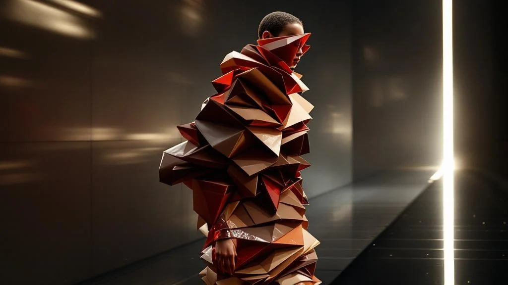 Avant-garde dessert-inspired fashion editorial on a runway.