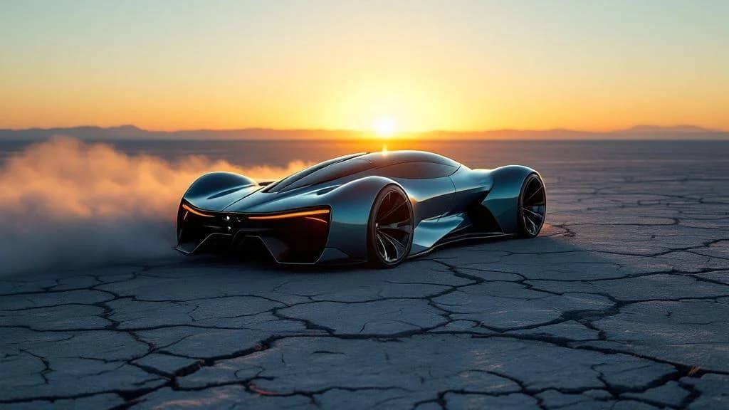 Futuristic sports car on a black salt flat at sunrise.