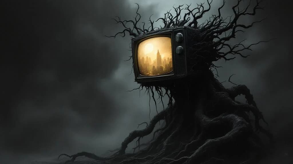 Surreal creature with a cathode-ray TV head displaying a noir cityscape.
