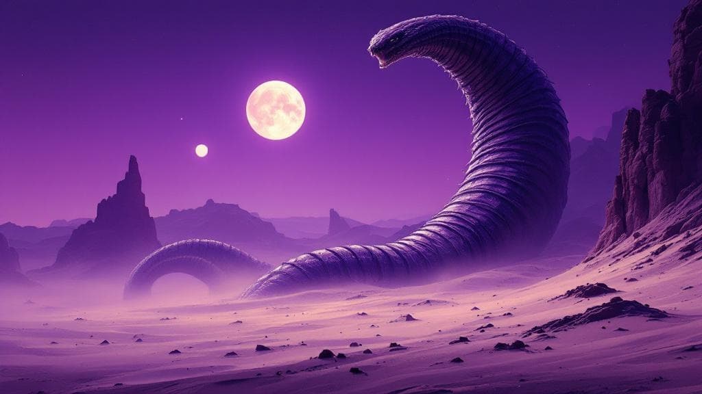 Concept art of a colossal sandworm rising from a violet desert under twin pale suns.