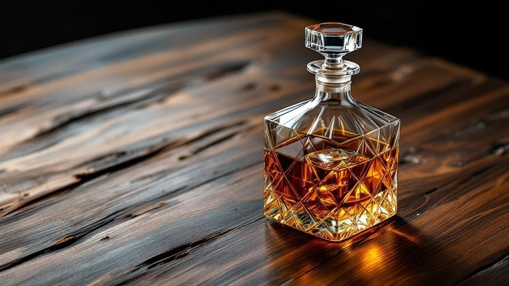 Studio product photo of a crystal whisky decanter on dark walnut.