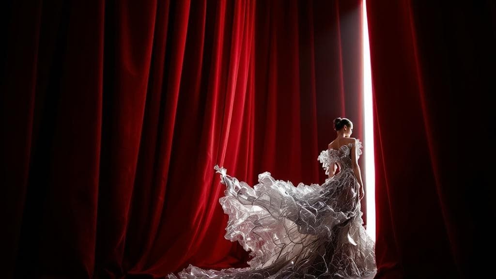 High-fashion editorial of a model in a sculptural mercury-silver couture gown.