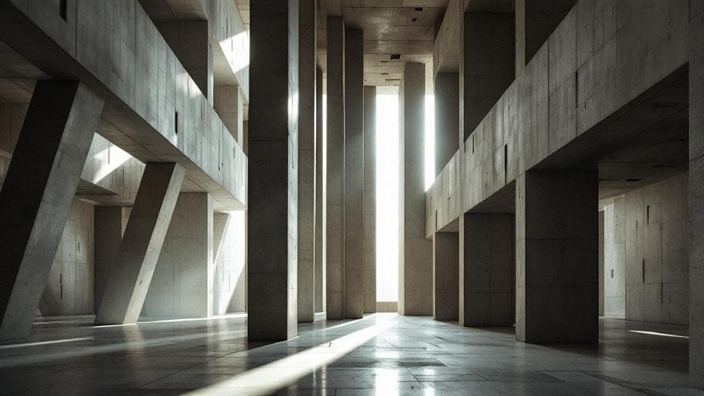 Architectural photo of a brutalist concrete cathedral interior with raking sunlight.