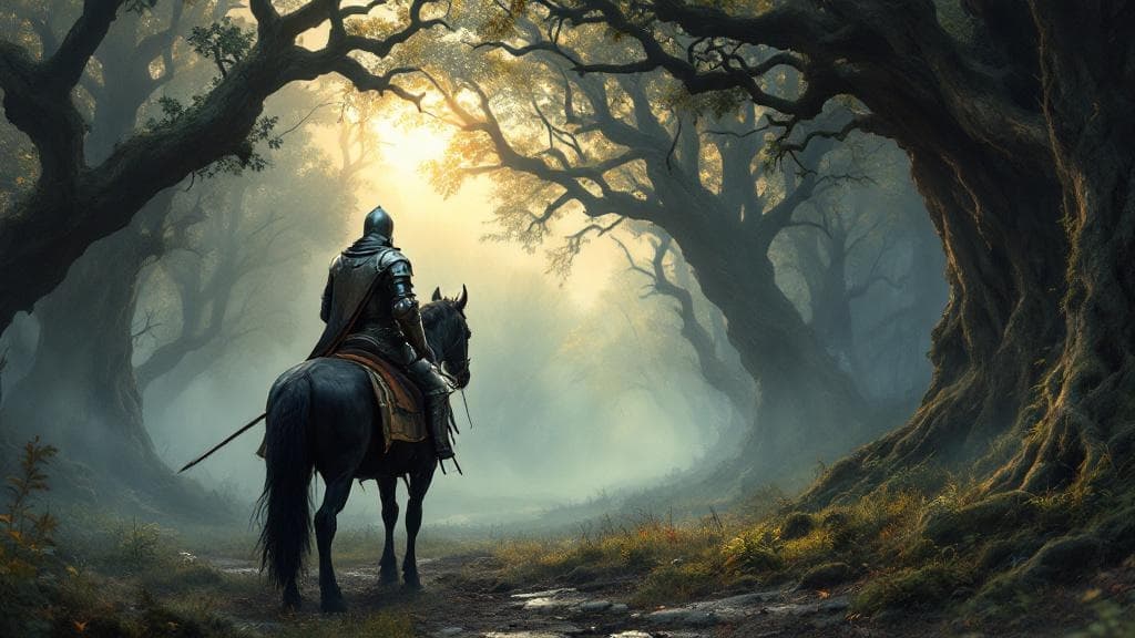 Fantasy concept art: a knight on a black warhorse at the edge of a misty primeval forest.