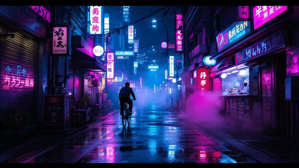 Cyberpunk Tokyo alley at midnight with neon reflected in wet pavement.