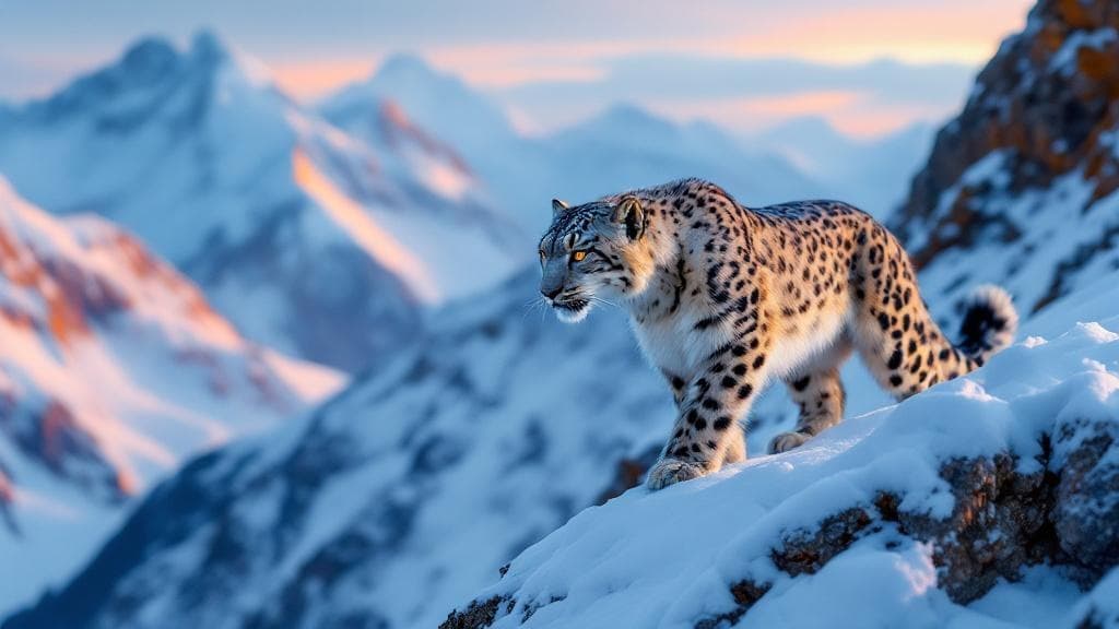 Wildlife photo of a snow leopard pausing on a snow-dusted mountain ridge at dusk.