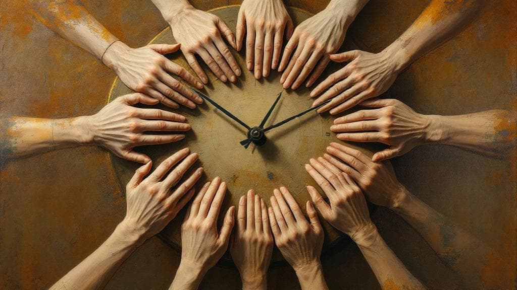 Surreal oil painting of a clock face made of human hands clasped together.