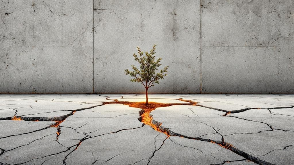 Editorial illustration of a tree growing through cracked concrete at sunrise.