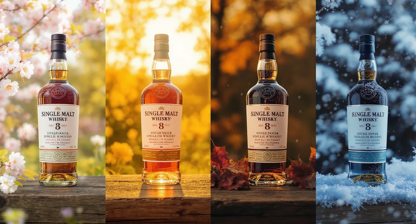 Same whisky bottle on identical oak bar across four seasonal lighting setups.