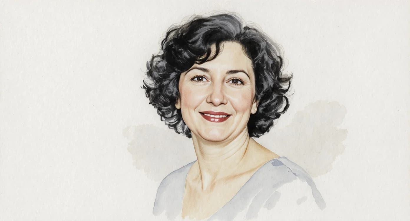 Watercolor portrait on cold-press paper of a middle-aged woman with dark curly hair.