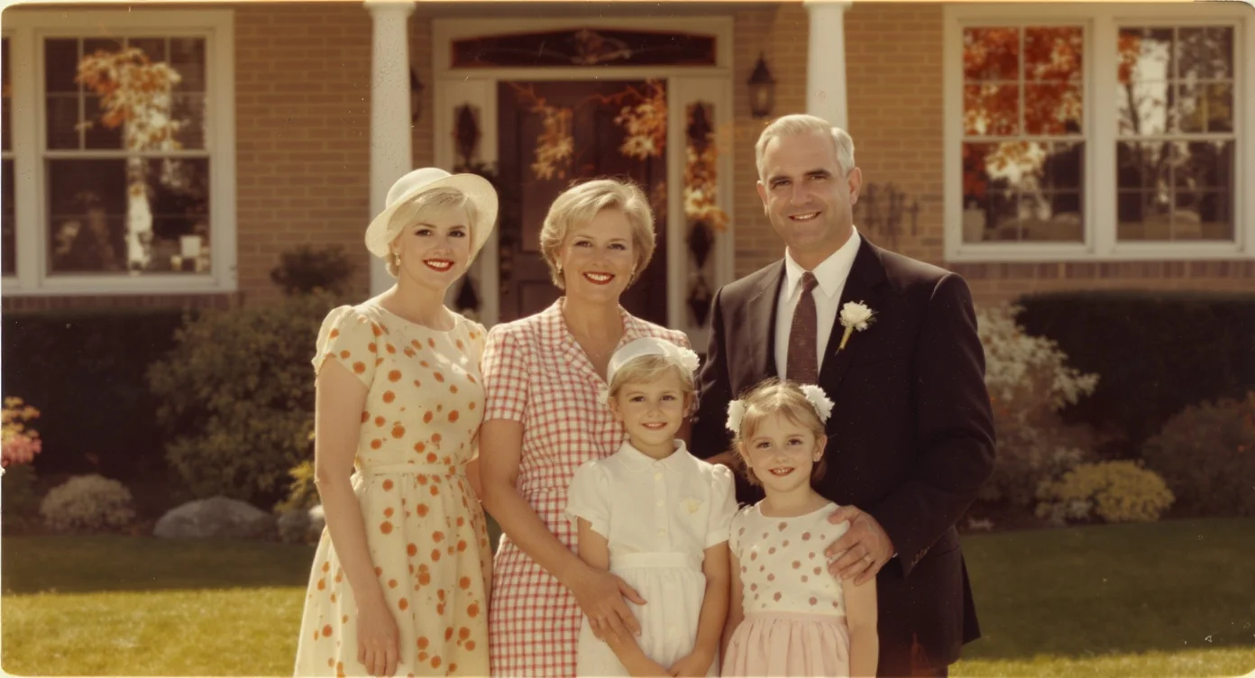 Restored 1962 family Polaroid on a suburban lawn.