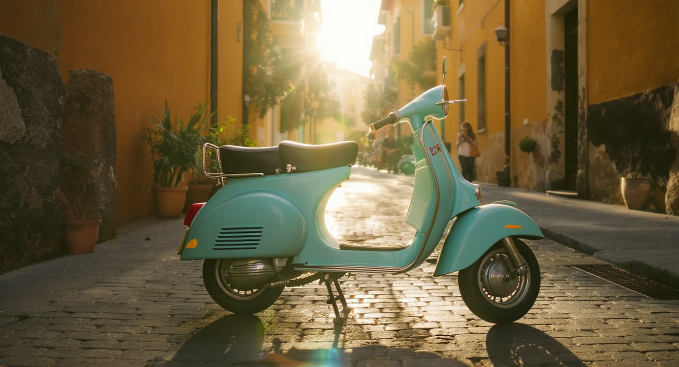 Restored vintage 1955 Italian Vespa scooter on a sunlit Roman cobblestone alley.