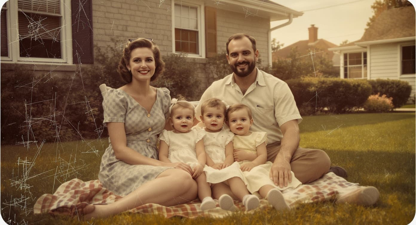 Restored 1940s family Polaroid of parents and three children on a sun-drenched lawn.