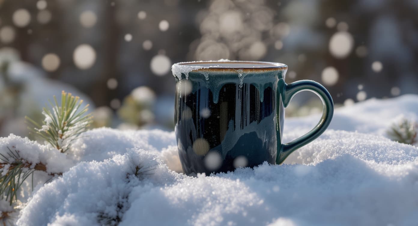 Hero product shot of a single artisan ceramic mug on a snow-covered pine surface.