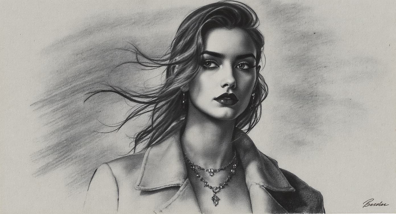 Style transfer of a fashion editorial photograph rendered as a charcoal drawing.