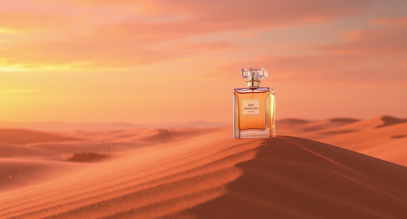 Cinematic seasonal product variant of a luxury fragrance bottle on a desert dune.