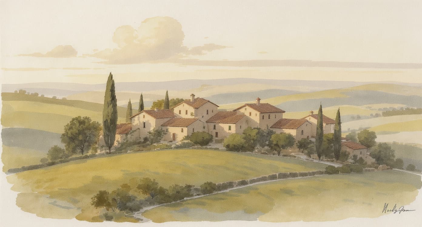 Watercolor architectural illustration of a Tuscan farmhouse at golden hour.