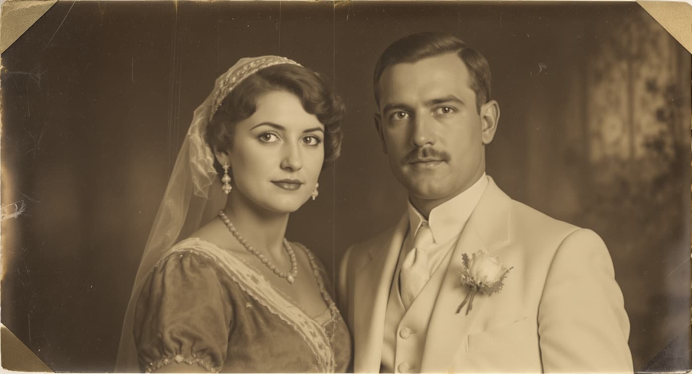 Restored 1920s family portrait of an elegant couple in formal wear.