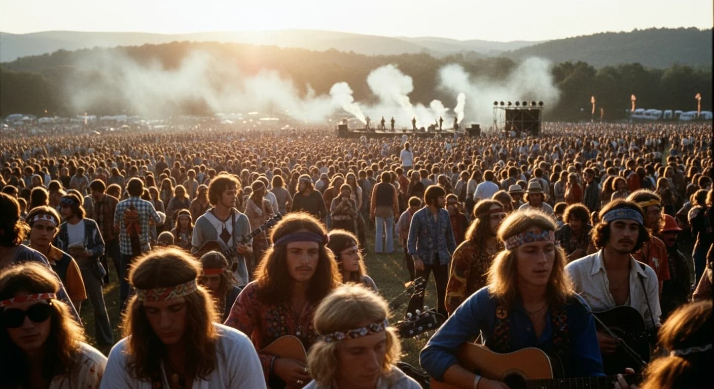 1969 Bethel NY photoreal crowd scene at golden hour, 100,000 people on a hillside.