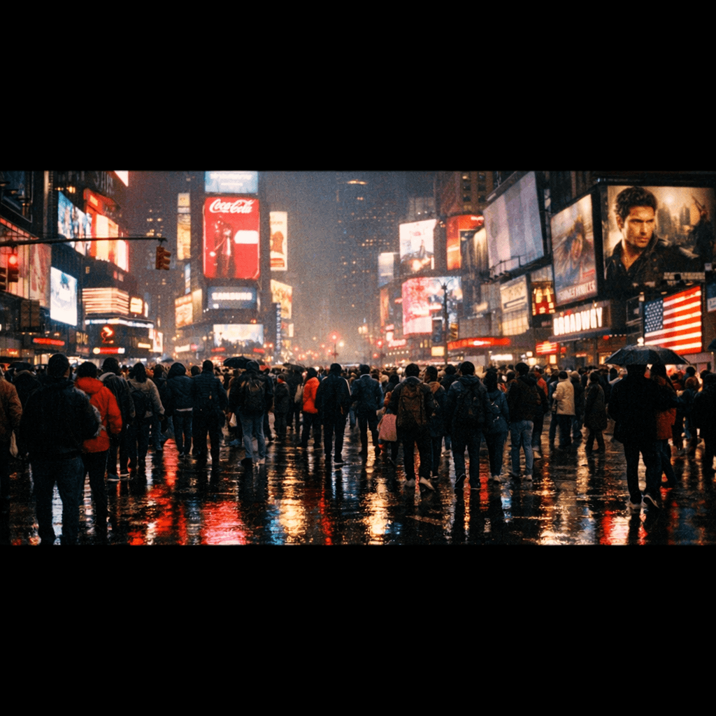 Cinematic Times Square at night with neon billboards reflected in wet pavement.