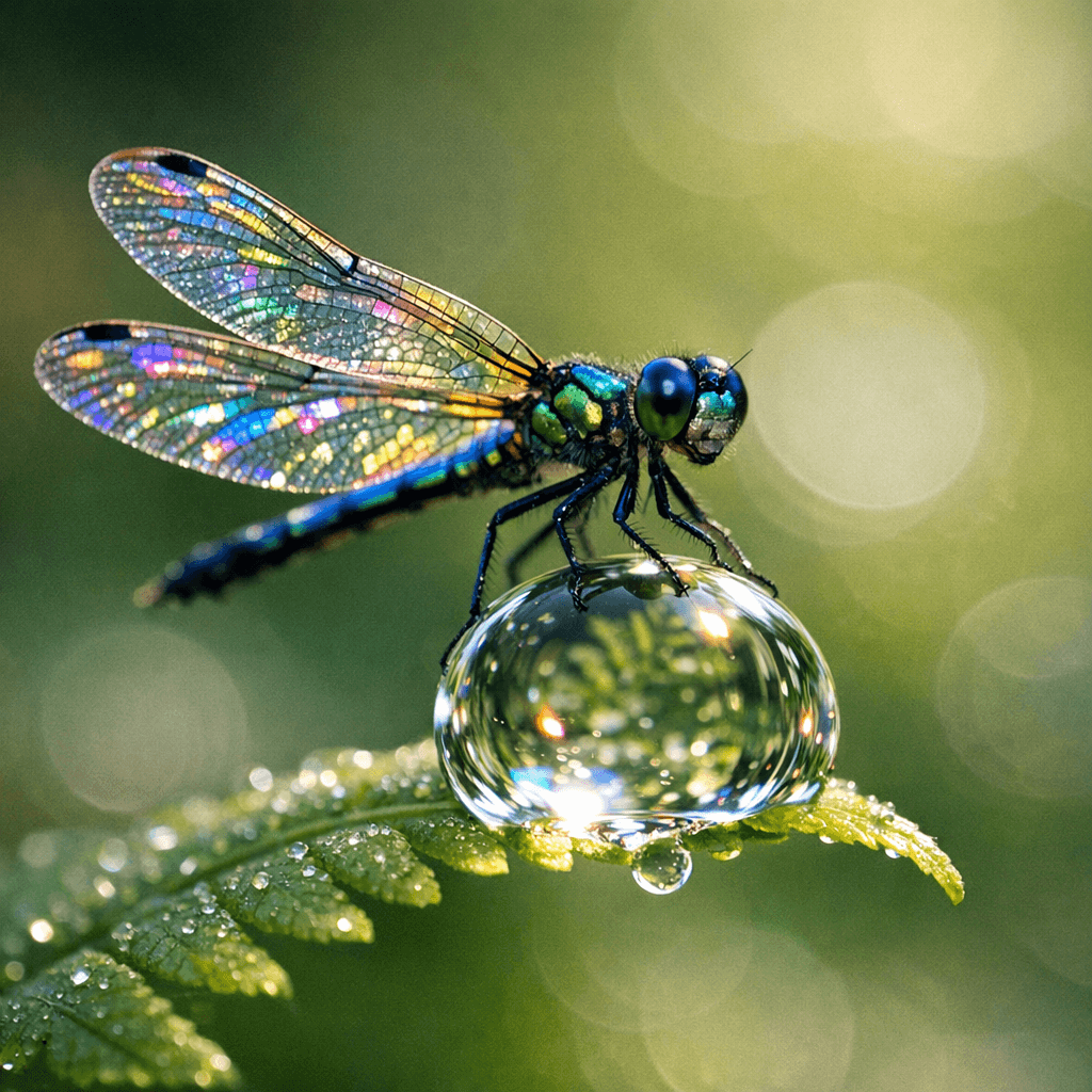 Photoreal close-up of an iridescent dragonfly resting on a dewdrop on a fern leaf.