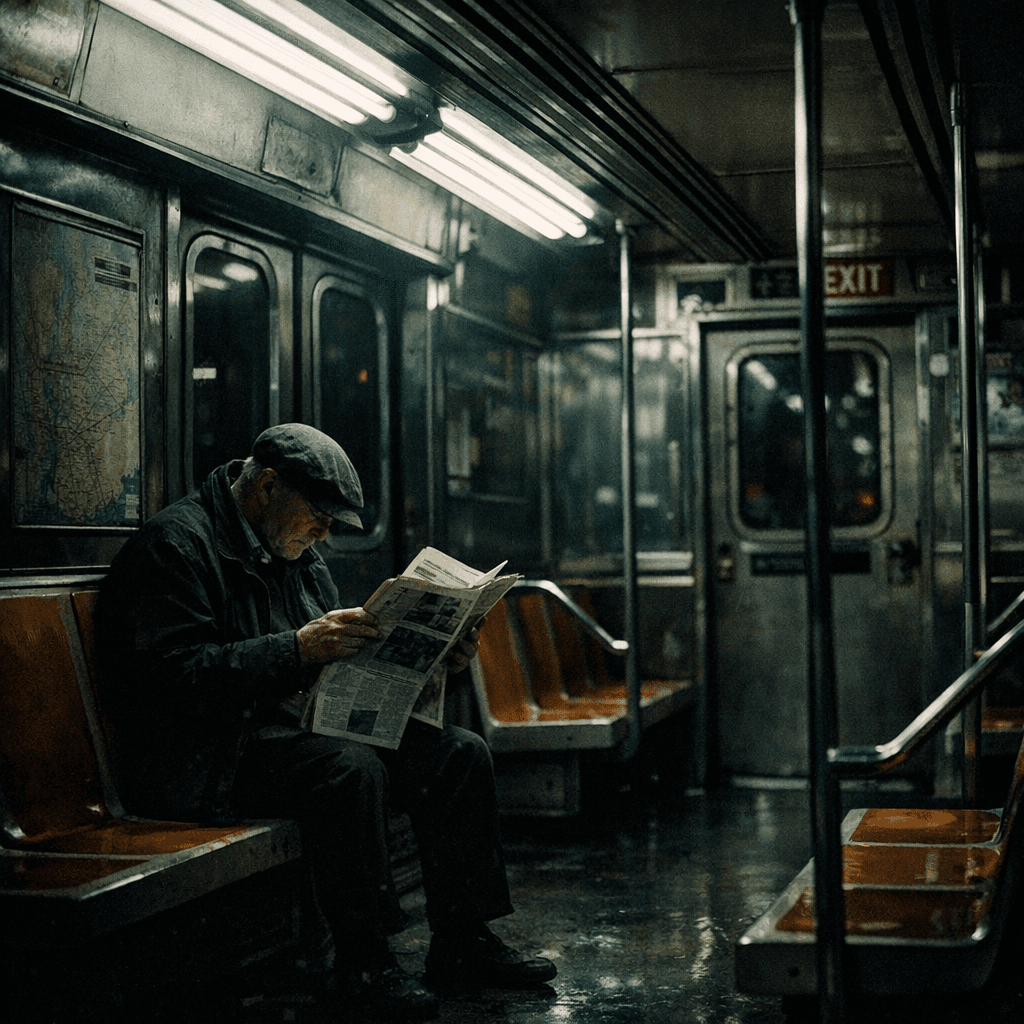 Cinematic NYC subway car interior at midnight with a single passenger reading.