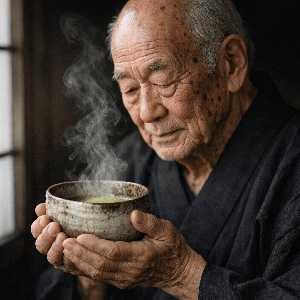 Editorial portrait of an elderly Japanese tea master cradling a delicate matcha chawan.