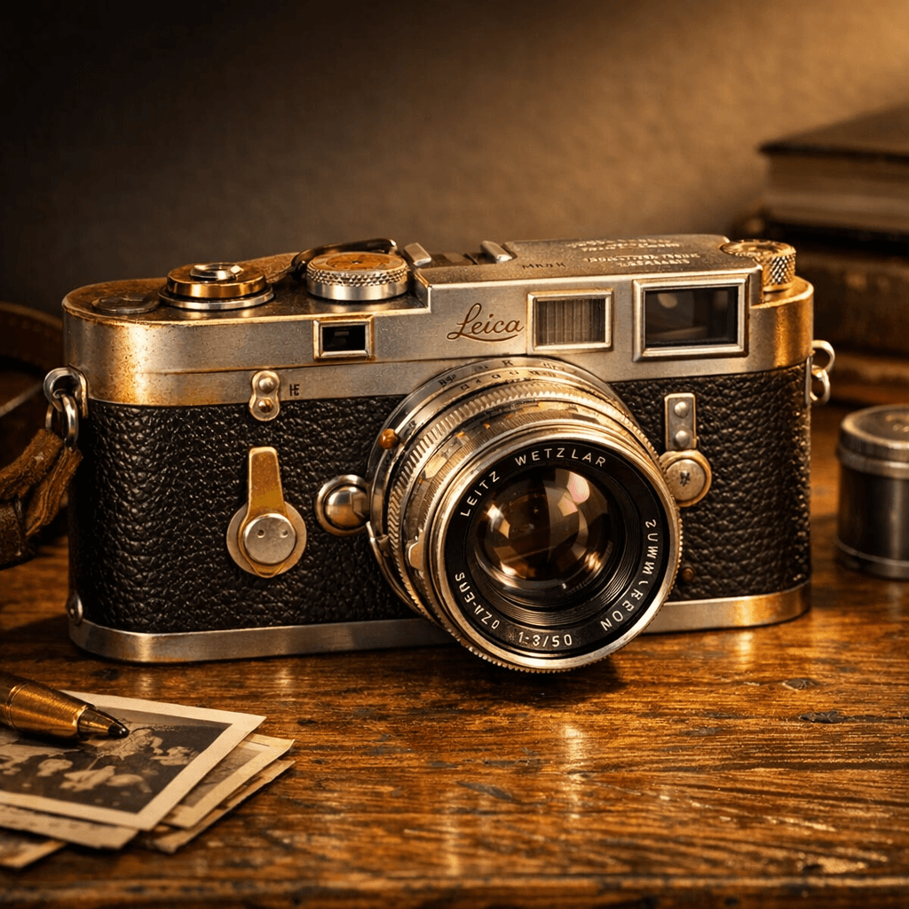 Studio product photo of a vintage Leica M3 camera on a weathered oak desk.