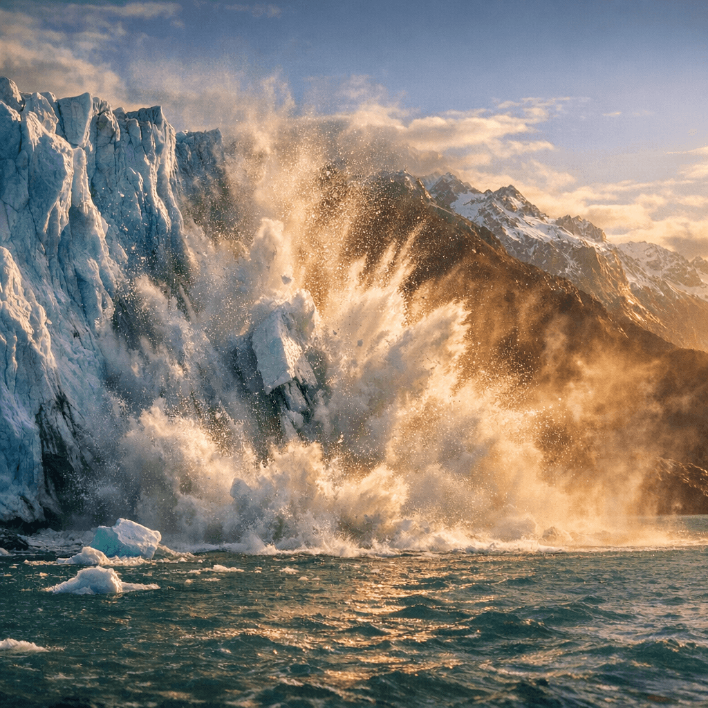 Cinematic wide of a Patagonian glacier calving into a deep teal lake at golden hour.