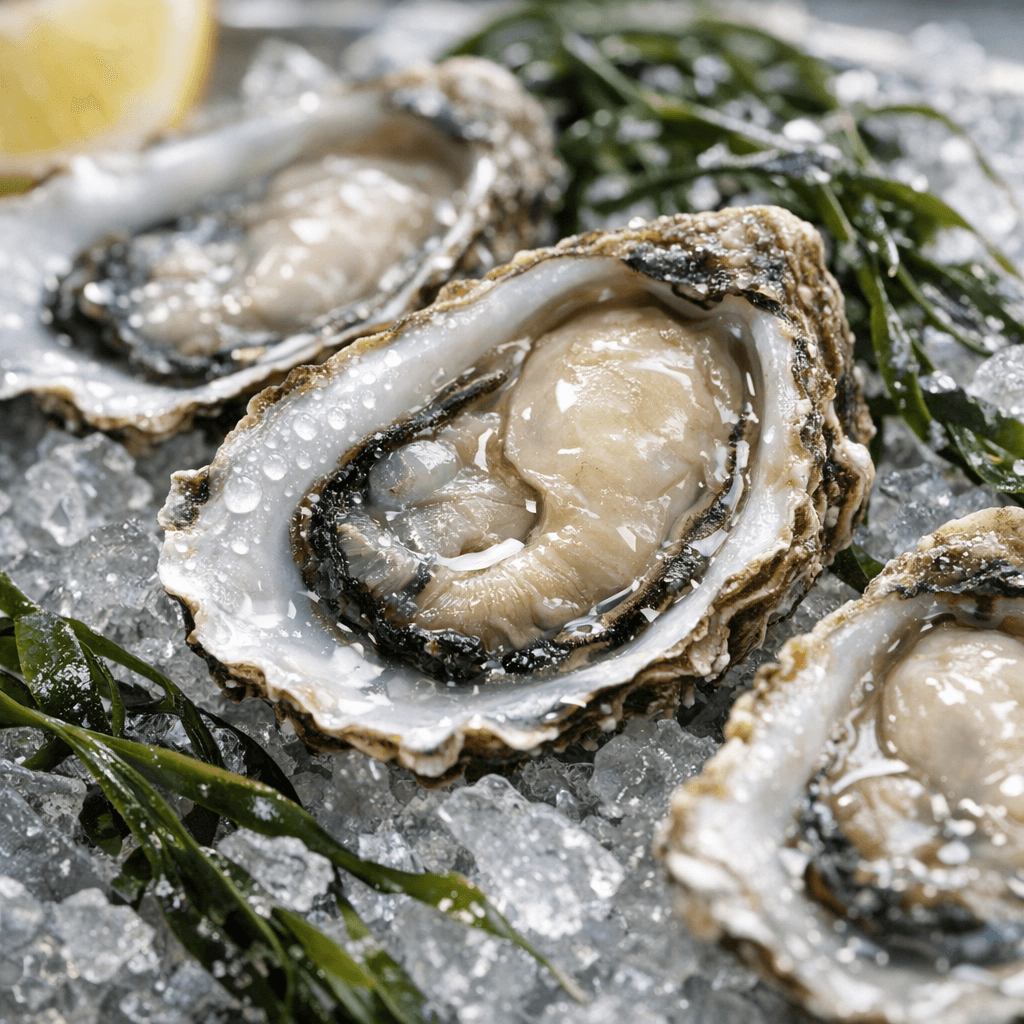 Hyperreal close-up of fresh oysters on shaved ice with seaweed garnish.