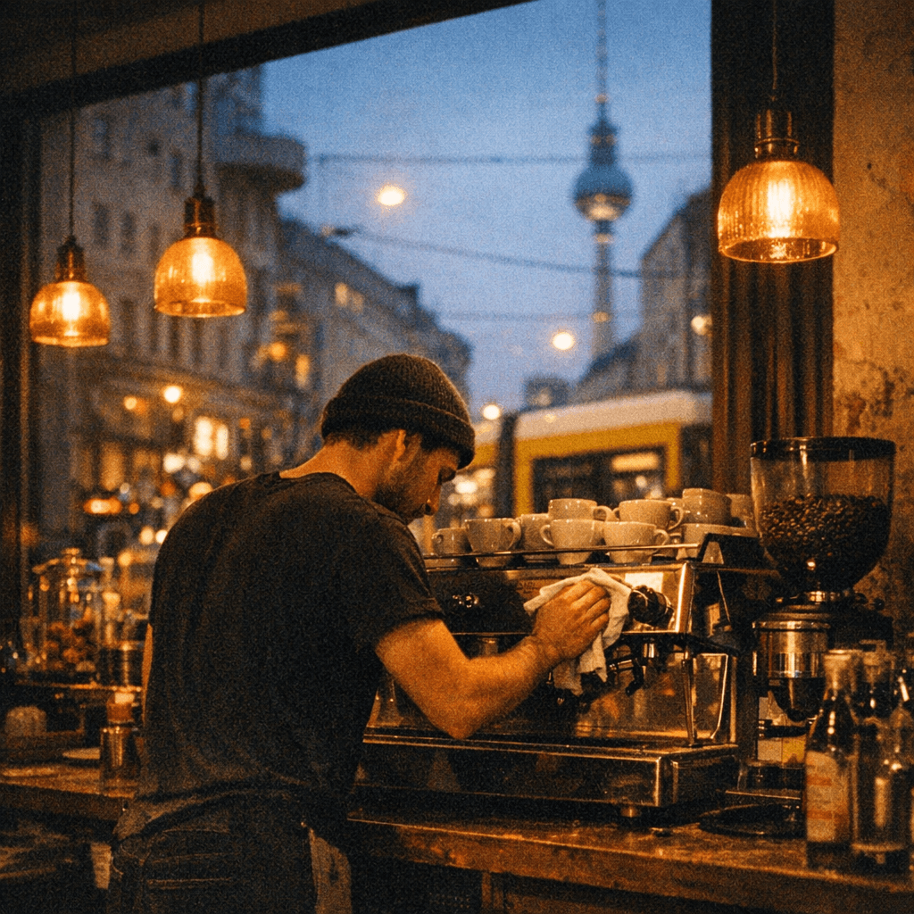 Cinematic Berlin café at twilight with lone barista wiping down the espresso machine.
