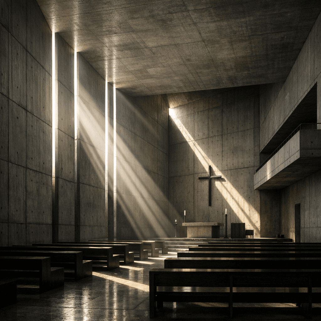 Photoreal architectural shot of a brutalist concrete cathedral interior with raking sunlight.