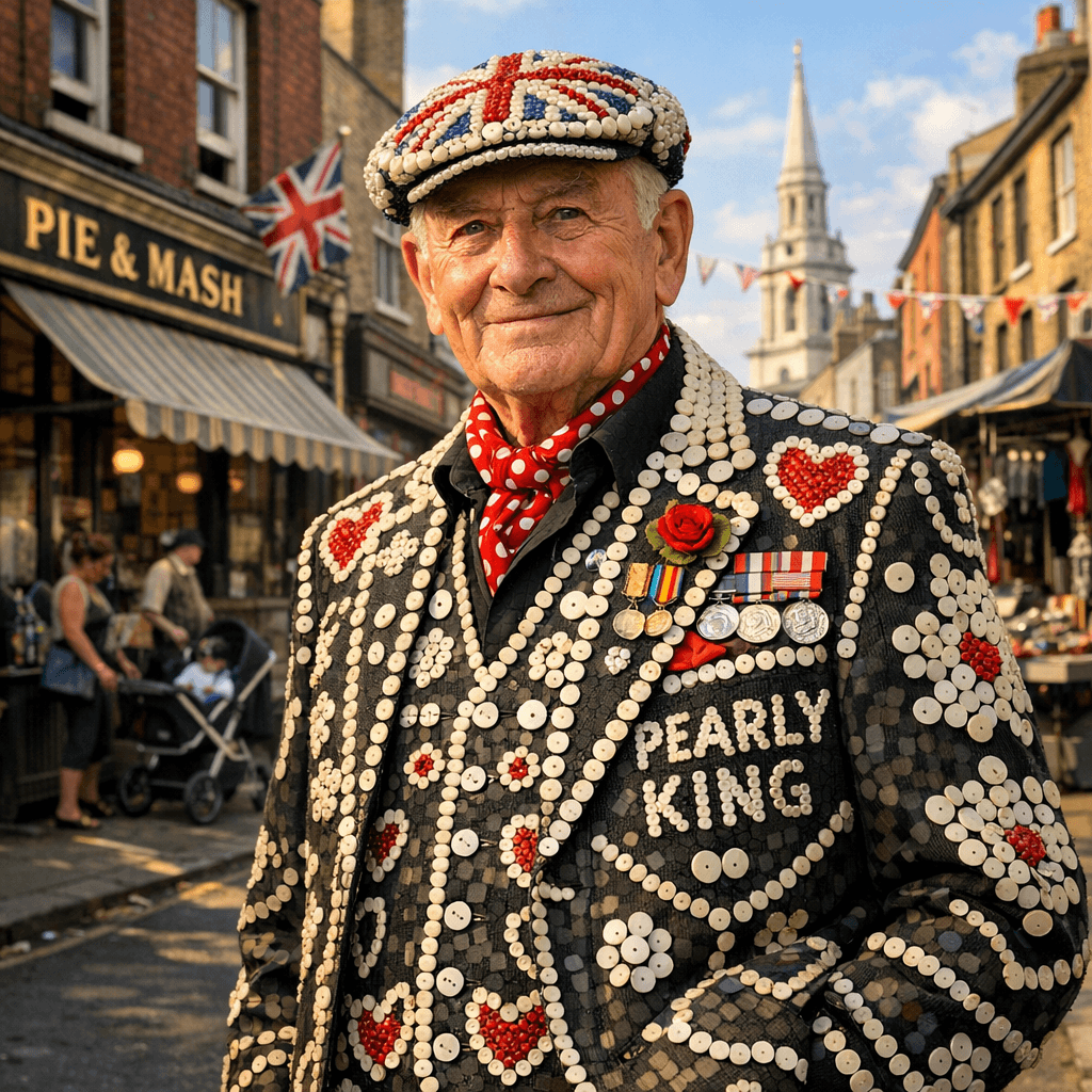 Editorial portrait of a London pearly king in full button suit on a vibrant East End street.