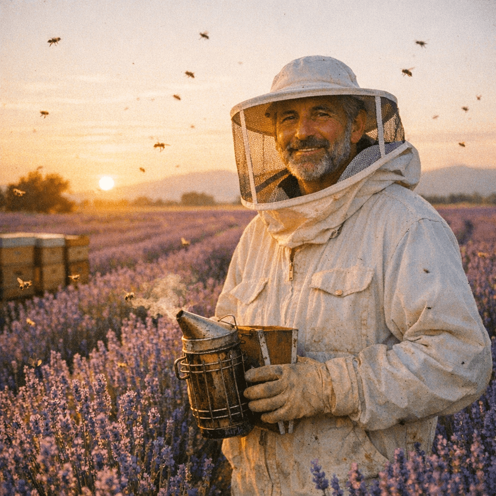 Environmental portrait of a beekeeper at golden hour in a Provençal lavender field.