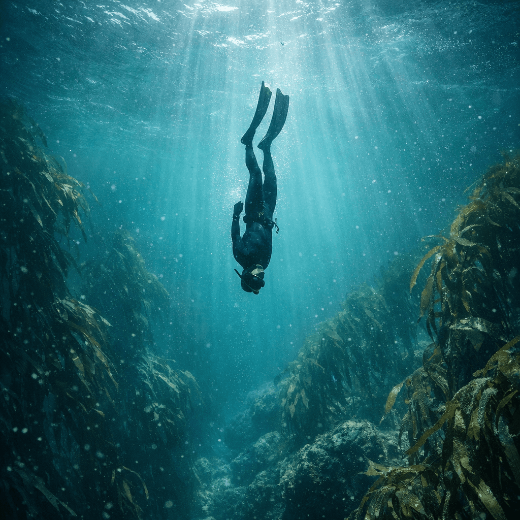 Photoreal underwater shot of a freediver descending into a sun-shafted kelp forest.