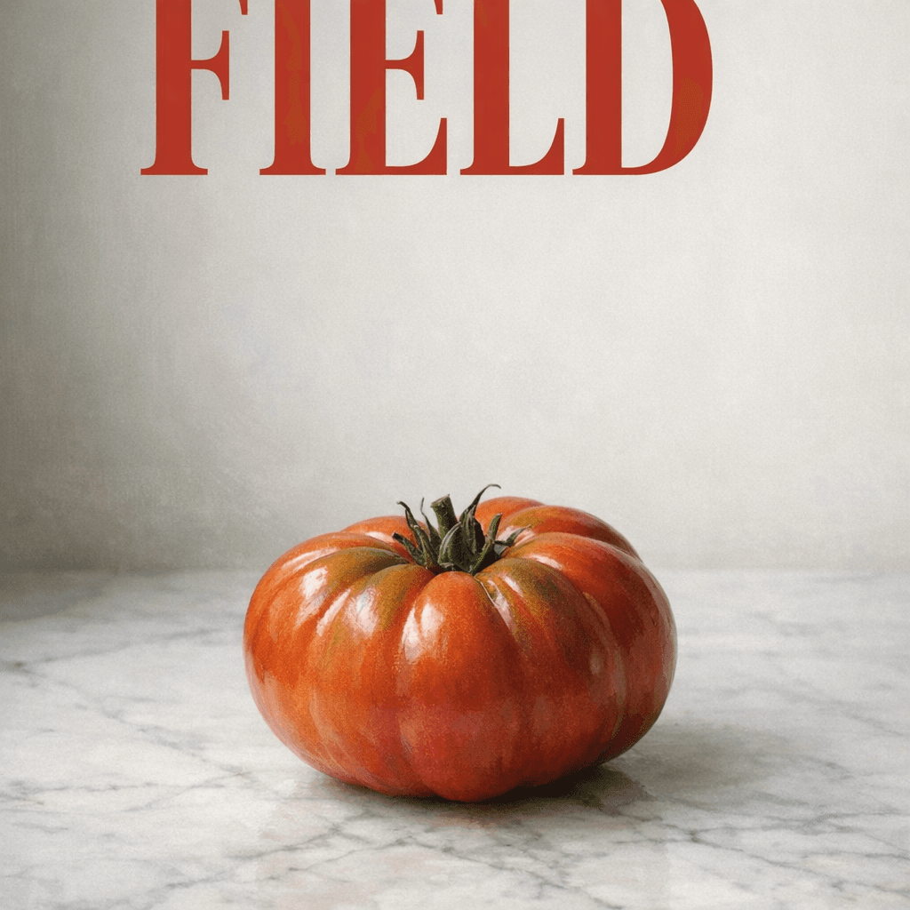 Magazine cover for FIELD with a single ripe tomato on marble.