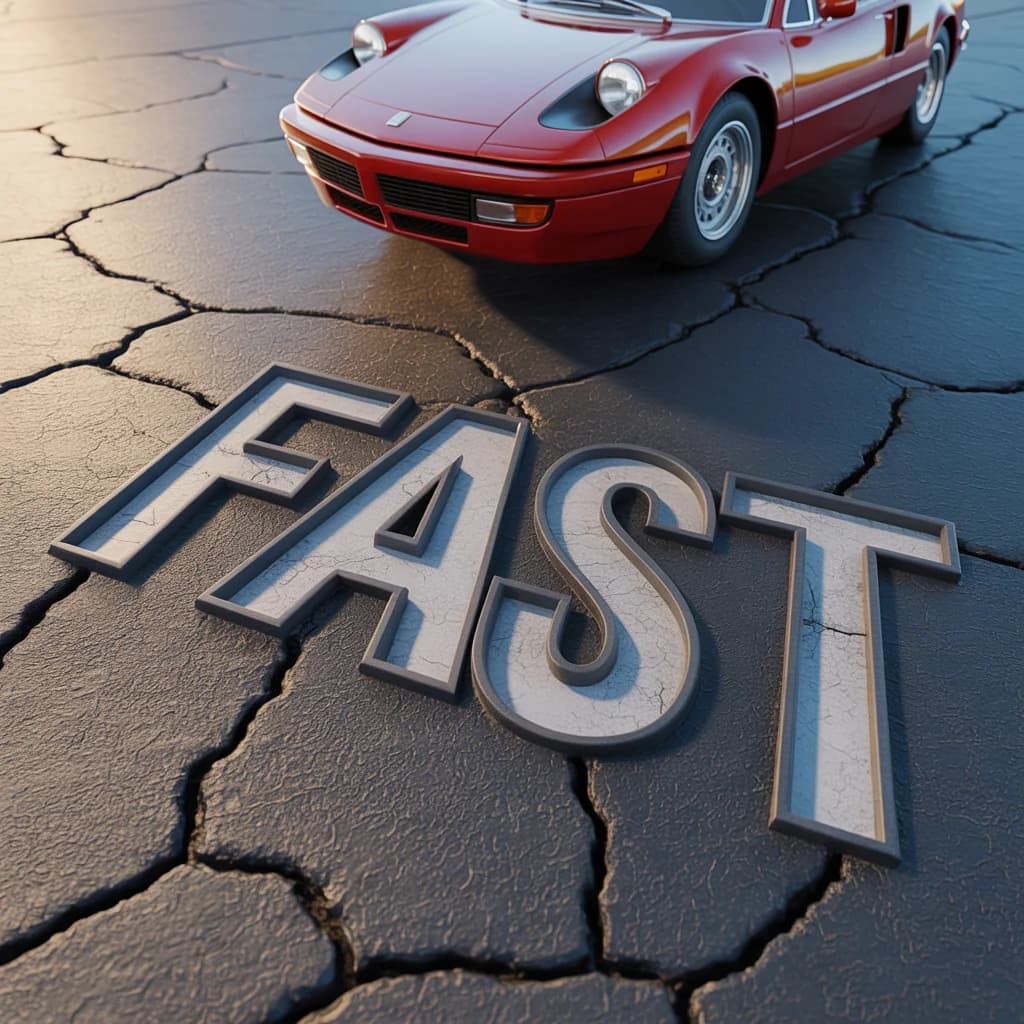 Cherry-red Italian sports car with 'FAST' embossed into the asphalt below it at golden hour.