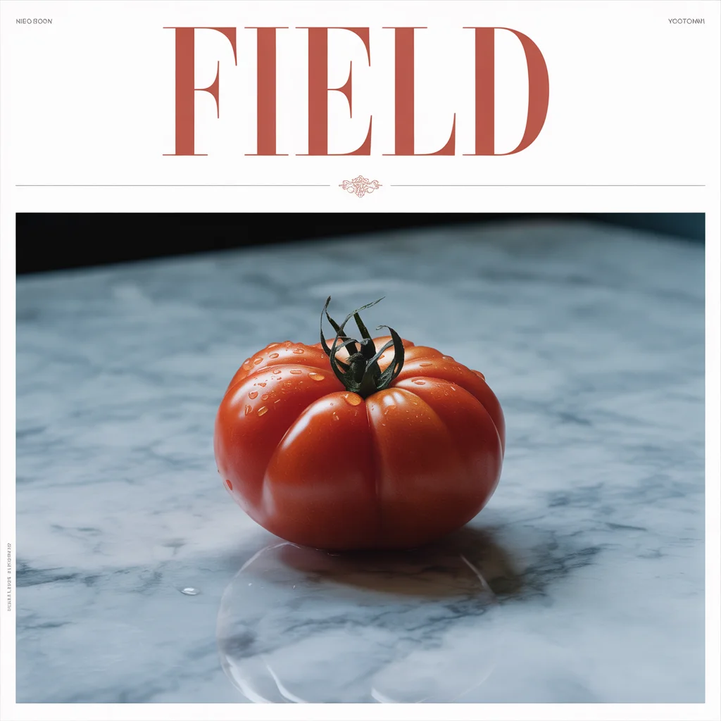 Magazine cover for 'FIELD' with a single ripe tomato on grey marble and oversized serif masthead.