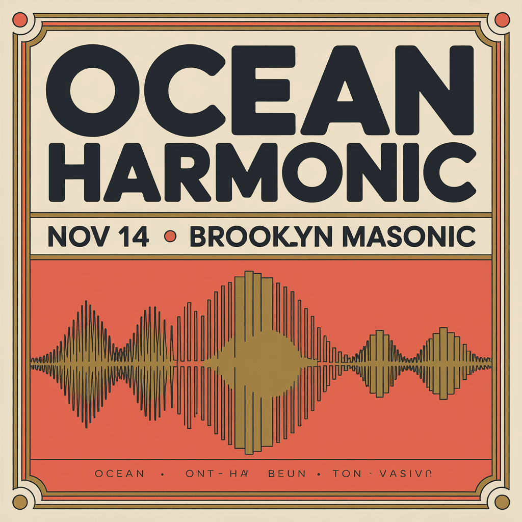 Indie concert poster for 'OCEAN HARMONIC · NOV 14 · BROOKLYN MASONIC' in condensed sans-serif on cream.