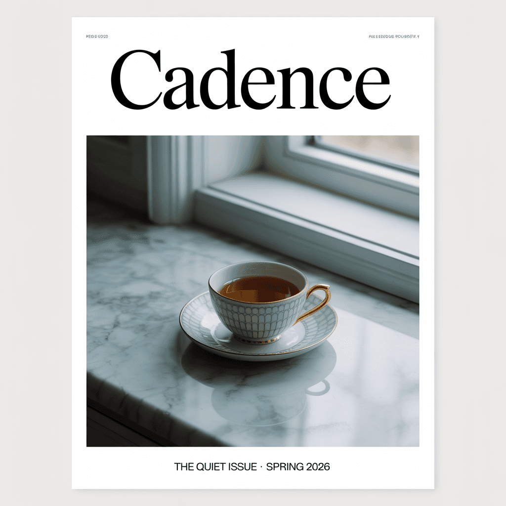 Magazine cover for 'CADENCE' with a porcelain teacup on grey marble.