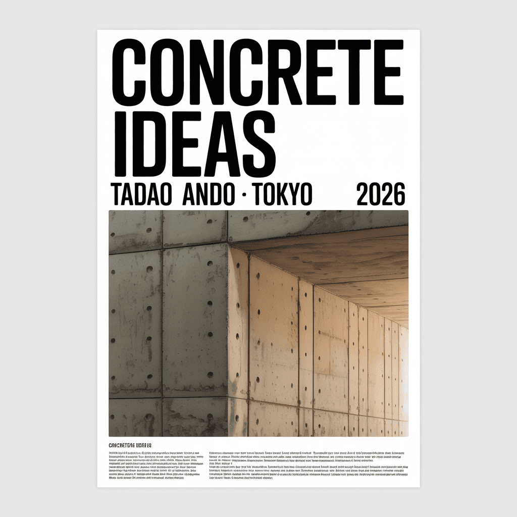 Brutalist exhibition poster for 'CONCRETE IDEAS · TADAO ANDO · TOKYO 2026'.
