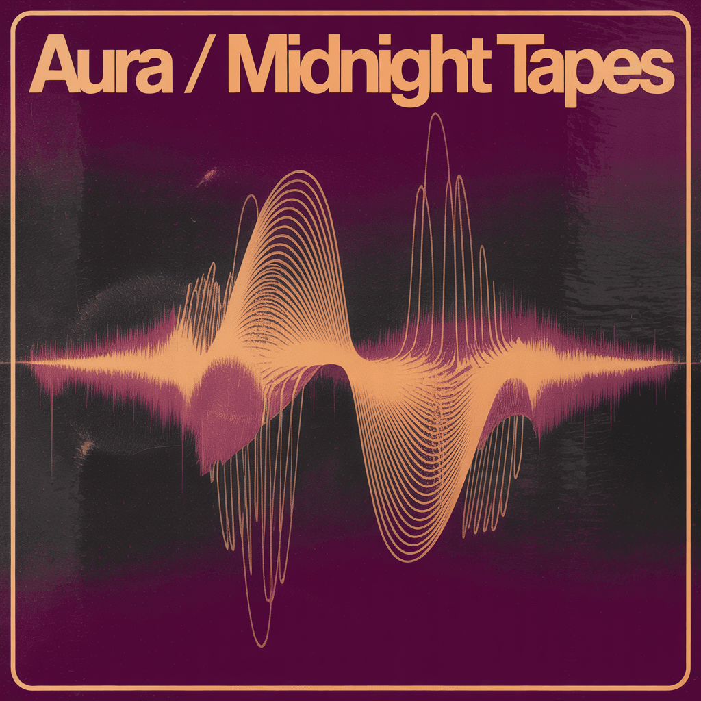 Vintage record album cover for 'AURA / MIDNIGHT TAPES' with retro 1970s phototype.