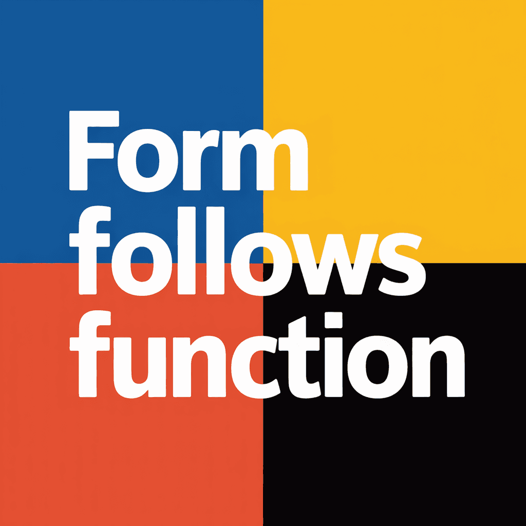 Bauhaus marketing poster reading 'FORM FOLLOWS FUNCTION' over primary-color blocks.