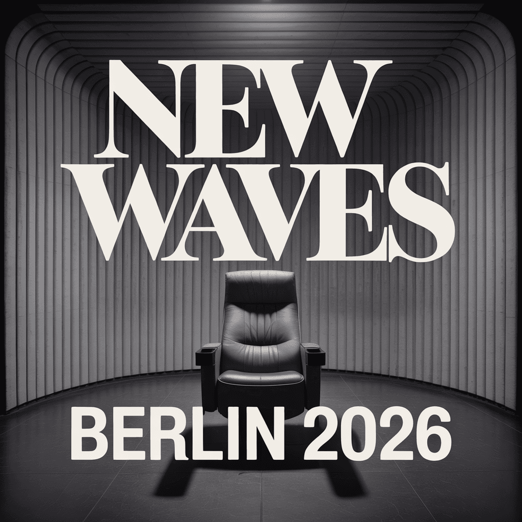 Cinematic film festival poster for 'NEW WAVES · BERLIN 2026'.