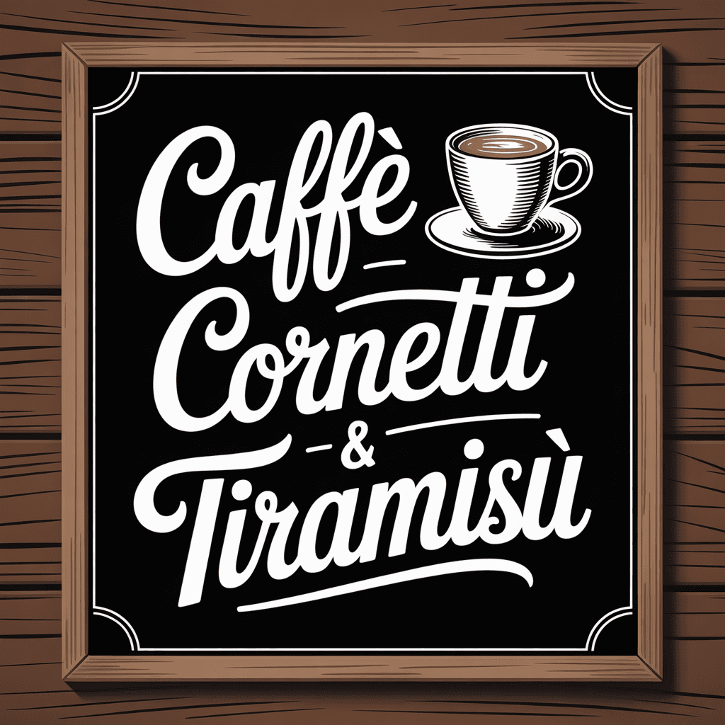 Hand-lettered Italian café chalkboard reading 'CAFFÈ · CORNETTI · TIRAMISÙ'.