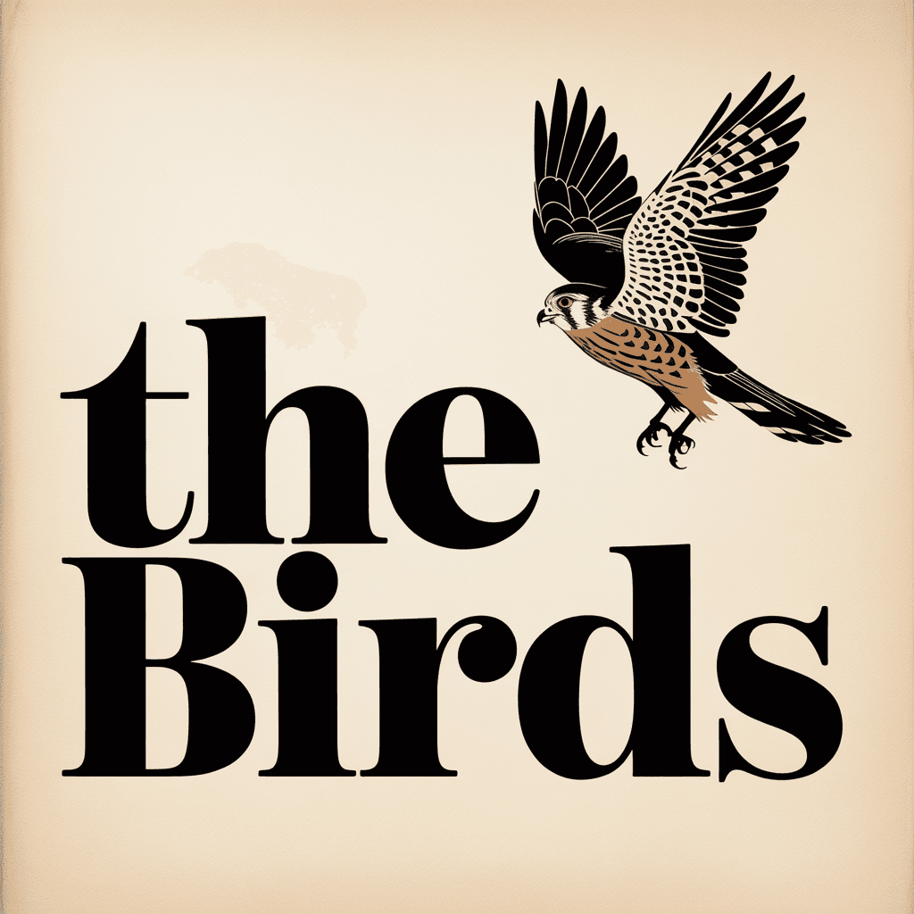 Modernist book cover: 'THE BIRDS' in condensed serif on cream paper, kestrel illustration.