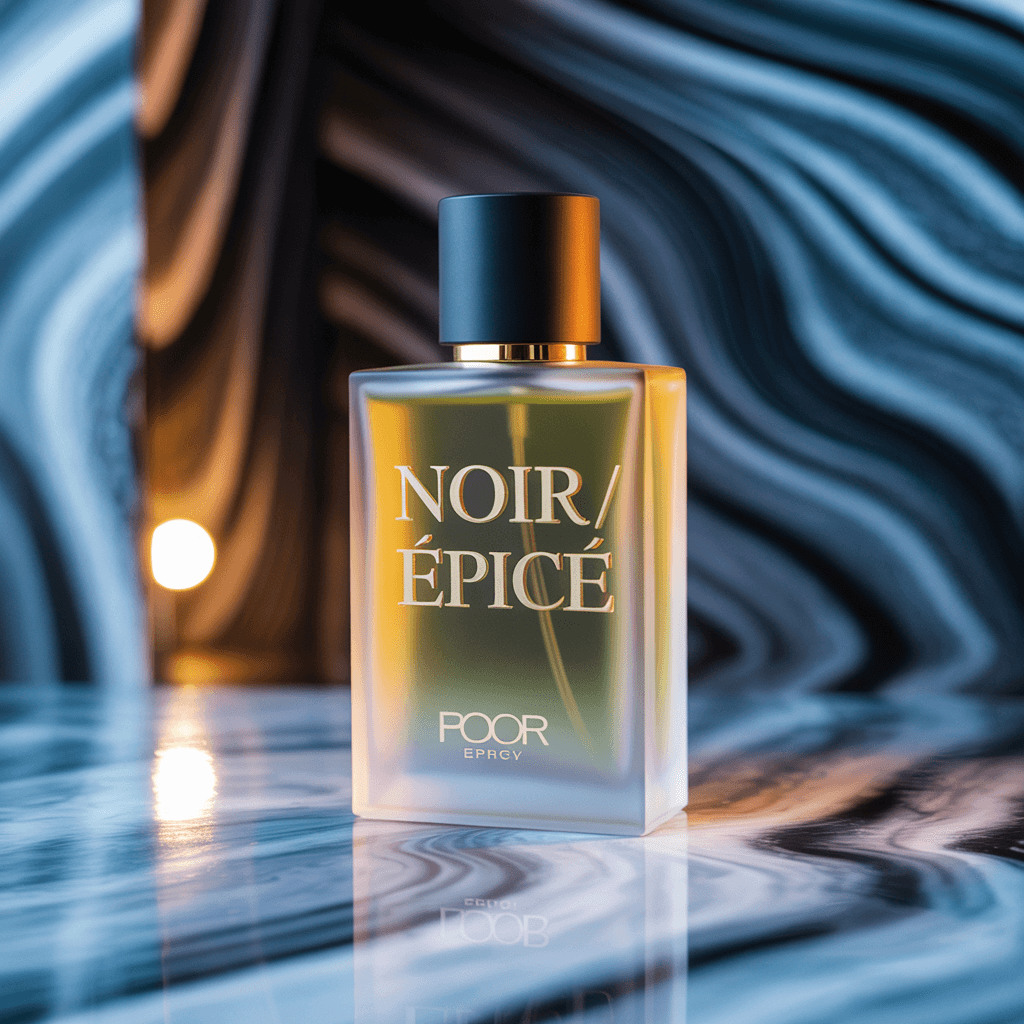 Luxury perfume product hero: 'NOIR / ÉPICÉ' embossed in gold-foil serif on a frosted glass bottle.