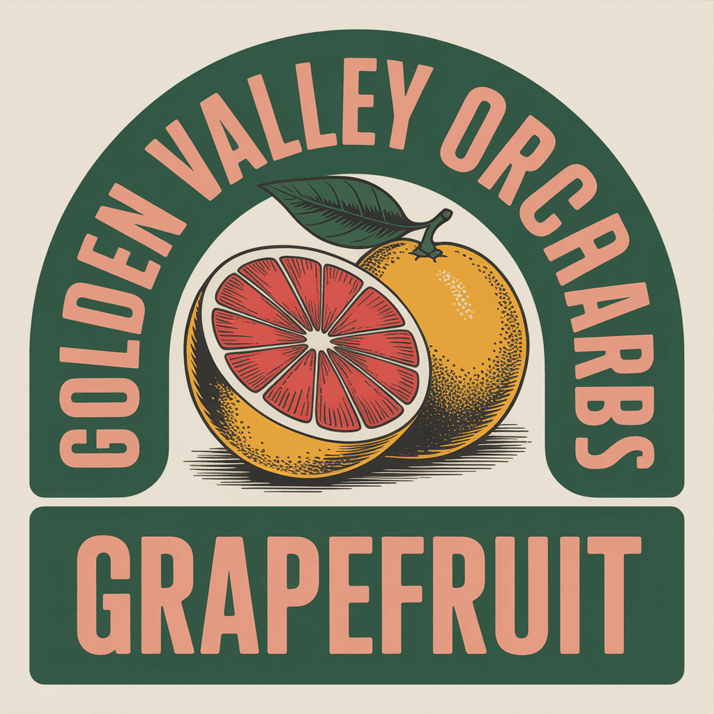 Vintage citrus crate label: 'GOLDEN VALLEY ORCHARDS · GRAPEFRUIT' in retro arc-curved type.