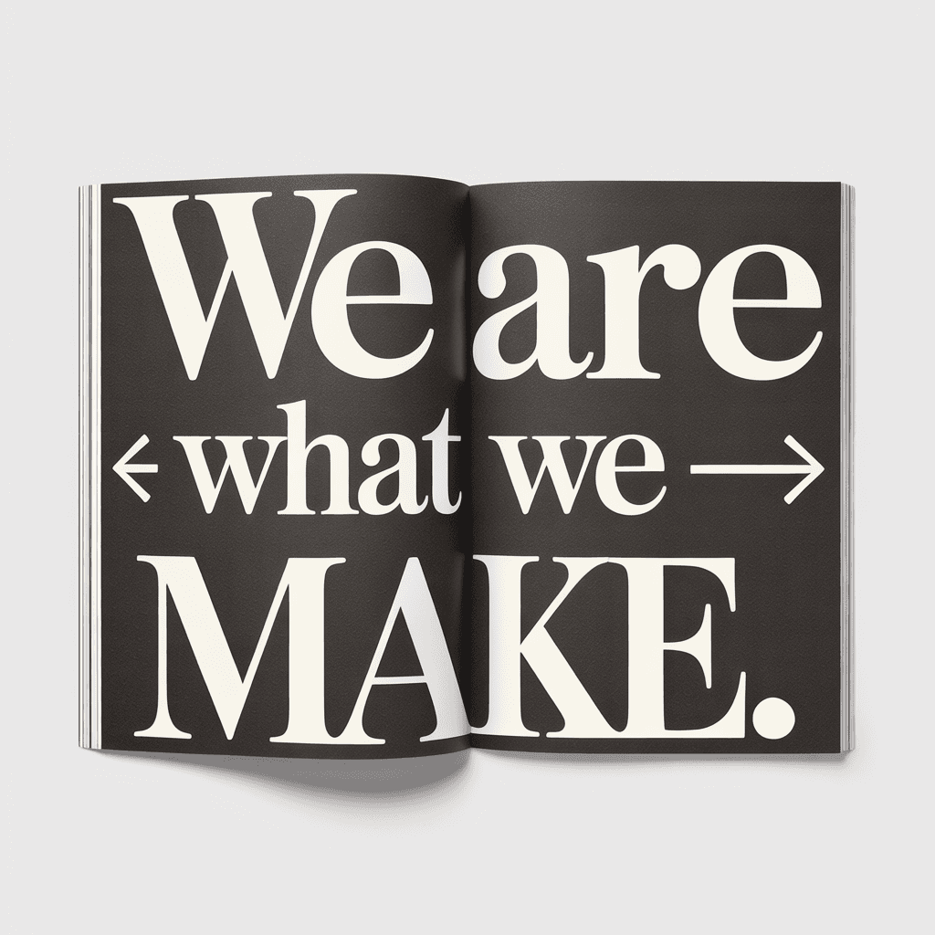 Editorial typography spread: 'WE ARE · WHAT WE · MAKE.' in oversized condensed serif on charcoal.